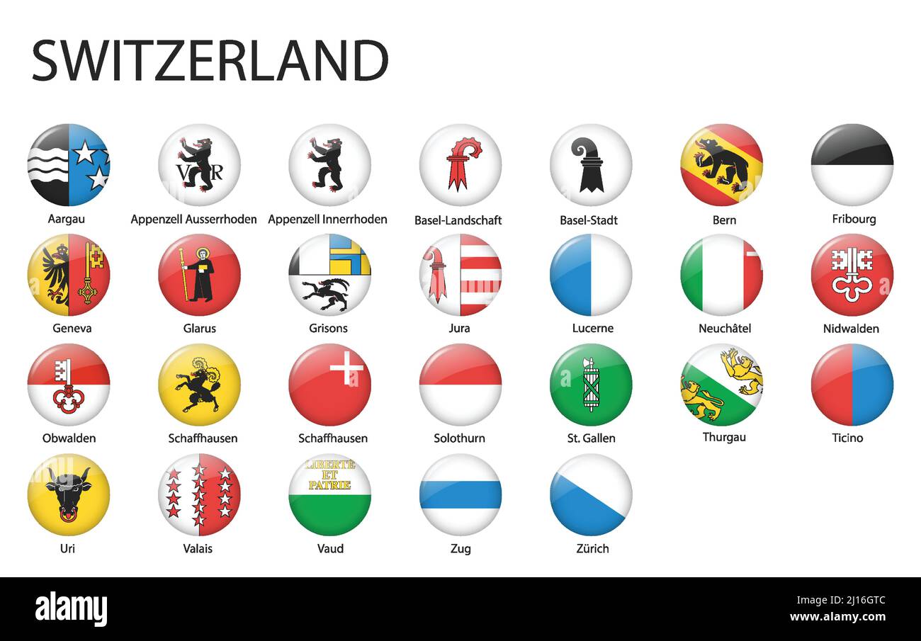Alle Flaggen der Regionen der Schweiz. Glänzendes Flaggendesign mit Knöpfen Stock Vektor