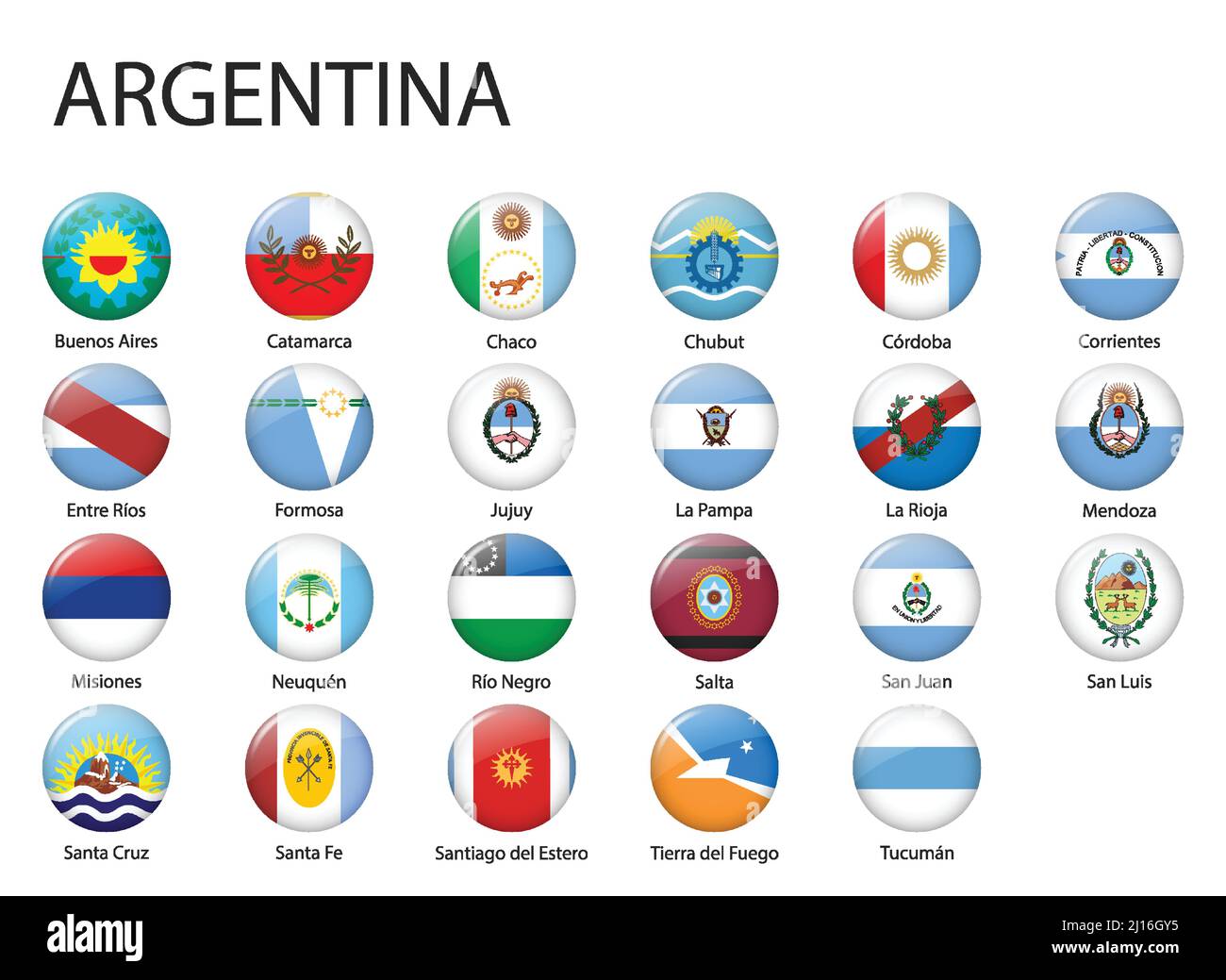 Alle Flaggen der Regionen Argentiniens. Glänzendes Flaggendesign mit Knöpfen Stock Vektor
