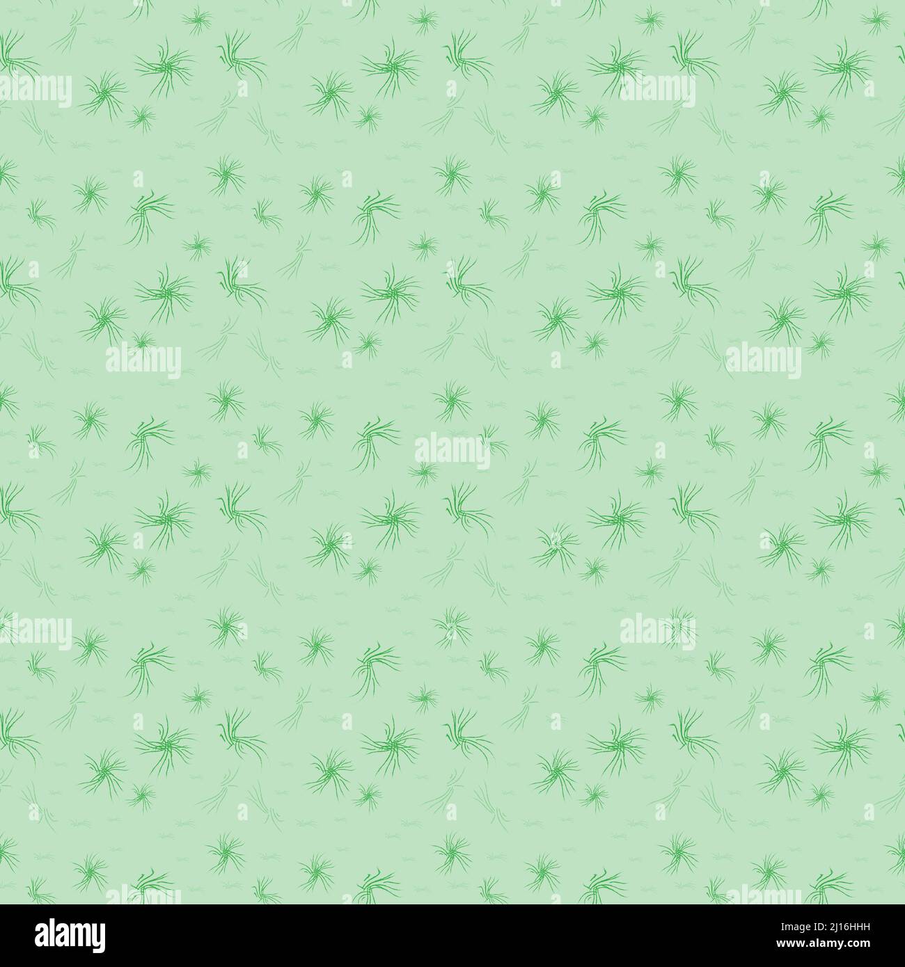 Chaotische dunkelgrüne Formen. Niedliches Nahtmuster. Hellgrüner Hintergrund. Stilisiertes Gras. Abstraktes Design für Textil, Tapete, Webseite Stockfoto