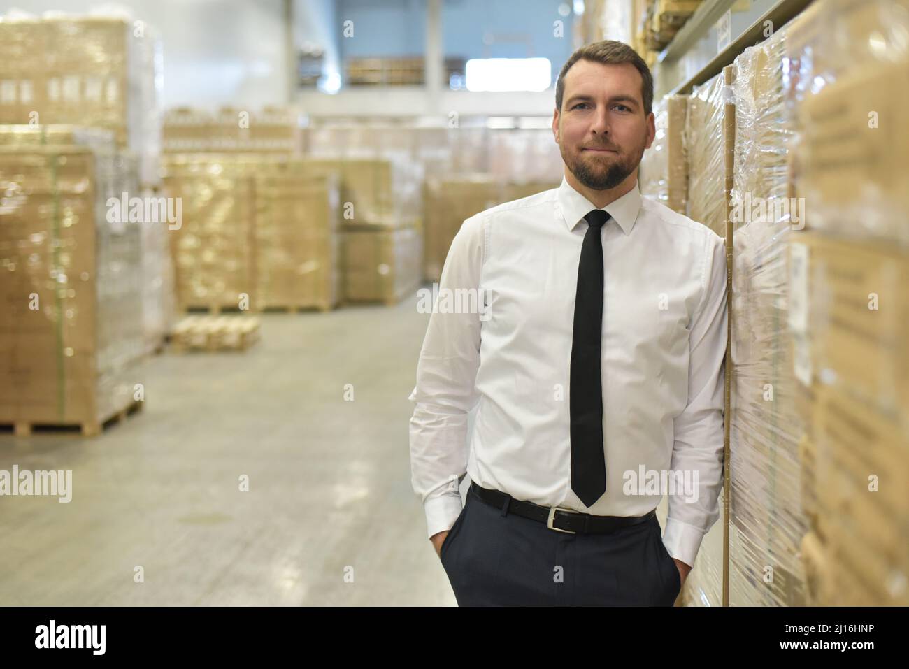 Portrait freundlicher Geschäftsmann/Manager im Anzug, der im Lager eines Unternehmens arbeitet Stockfoto