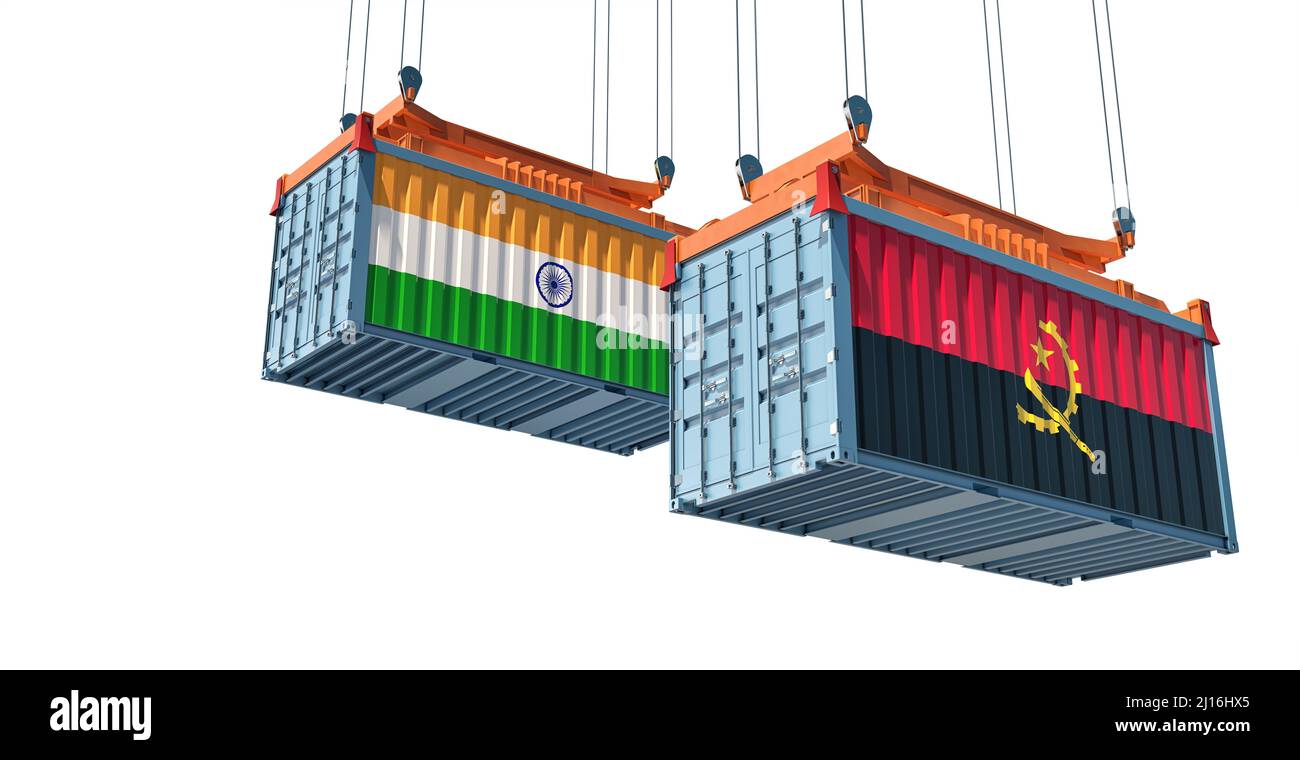 Frachtcontainer mit Nationalflagge Indiens und Angolas. 3D Rendering Stockfoto