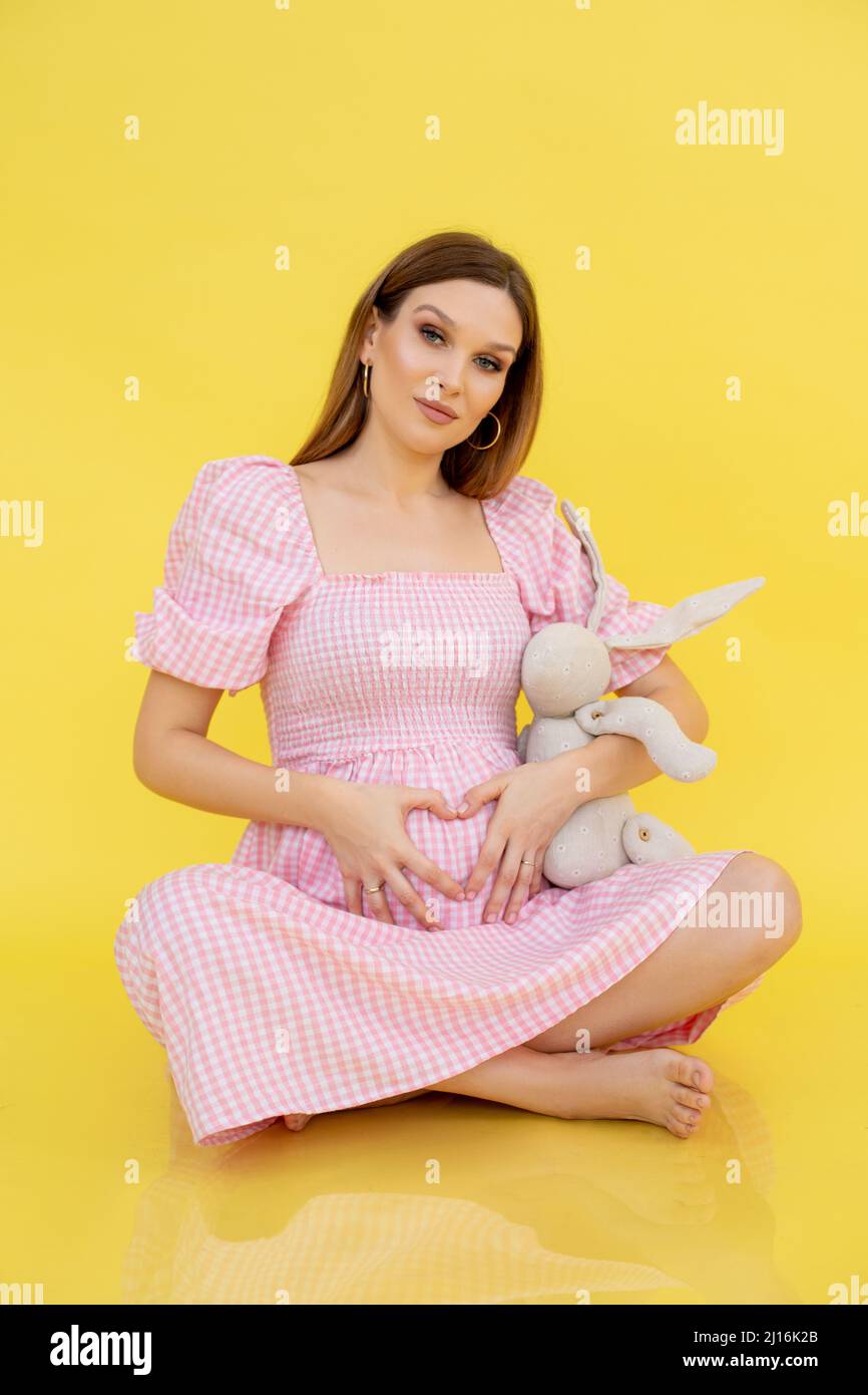 Junge schöne Schwangerin in rosa und weißem Gingham-Kleid mit beigefarbenem Spielzeug-Kaninchen, sitzend und Herz zeigend. Stockfoto