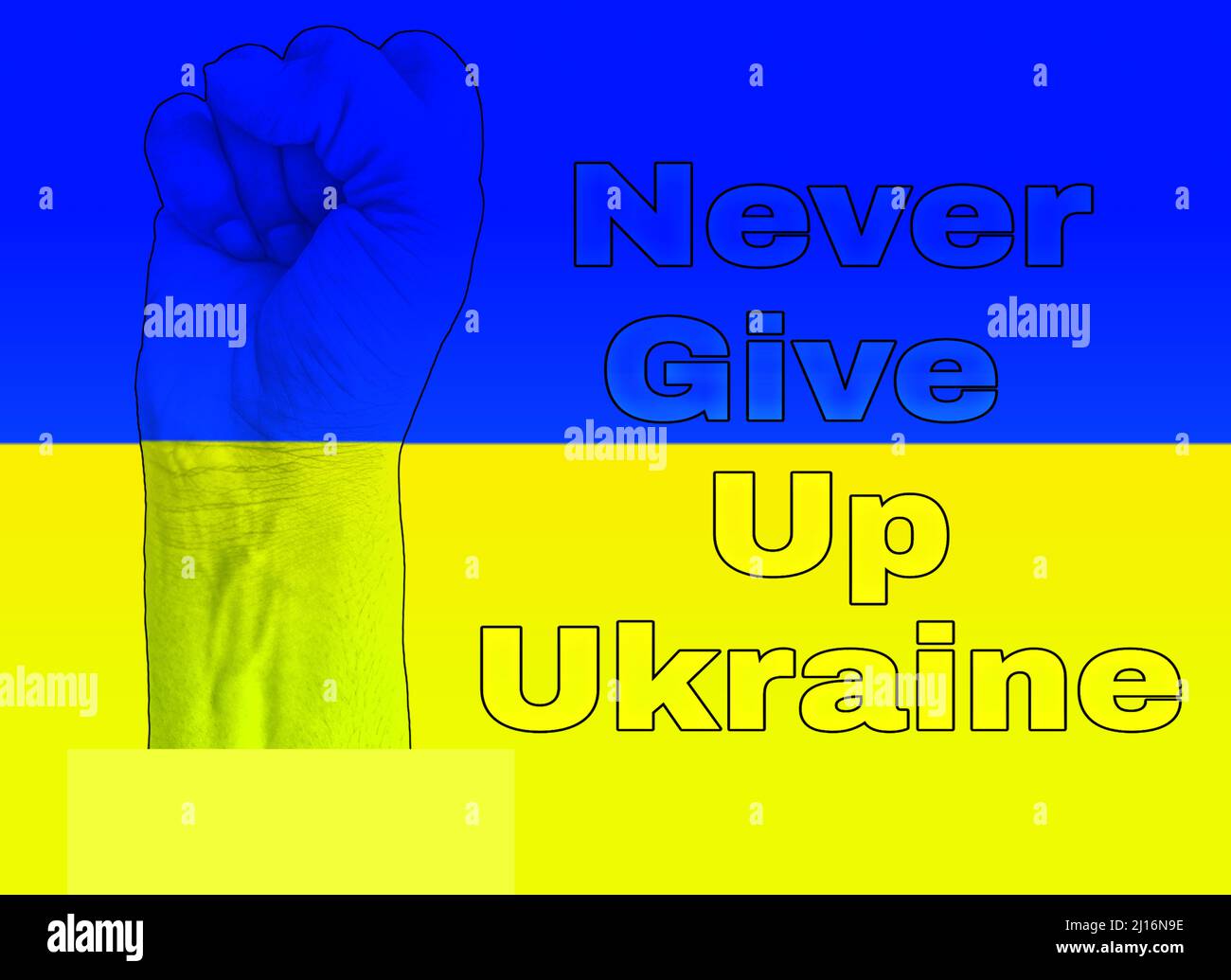 Die Faust des Mannes mit Einer Flagge der Ukraine isoliert auf niemals aufgeben Ukraine Text Ukraine Flagge Farbe Hintergrund Stockfoto