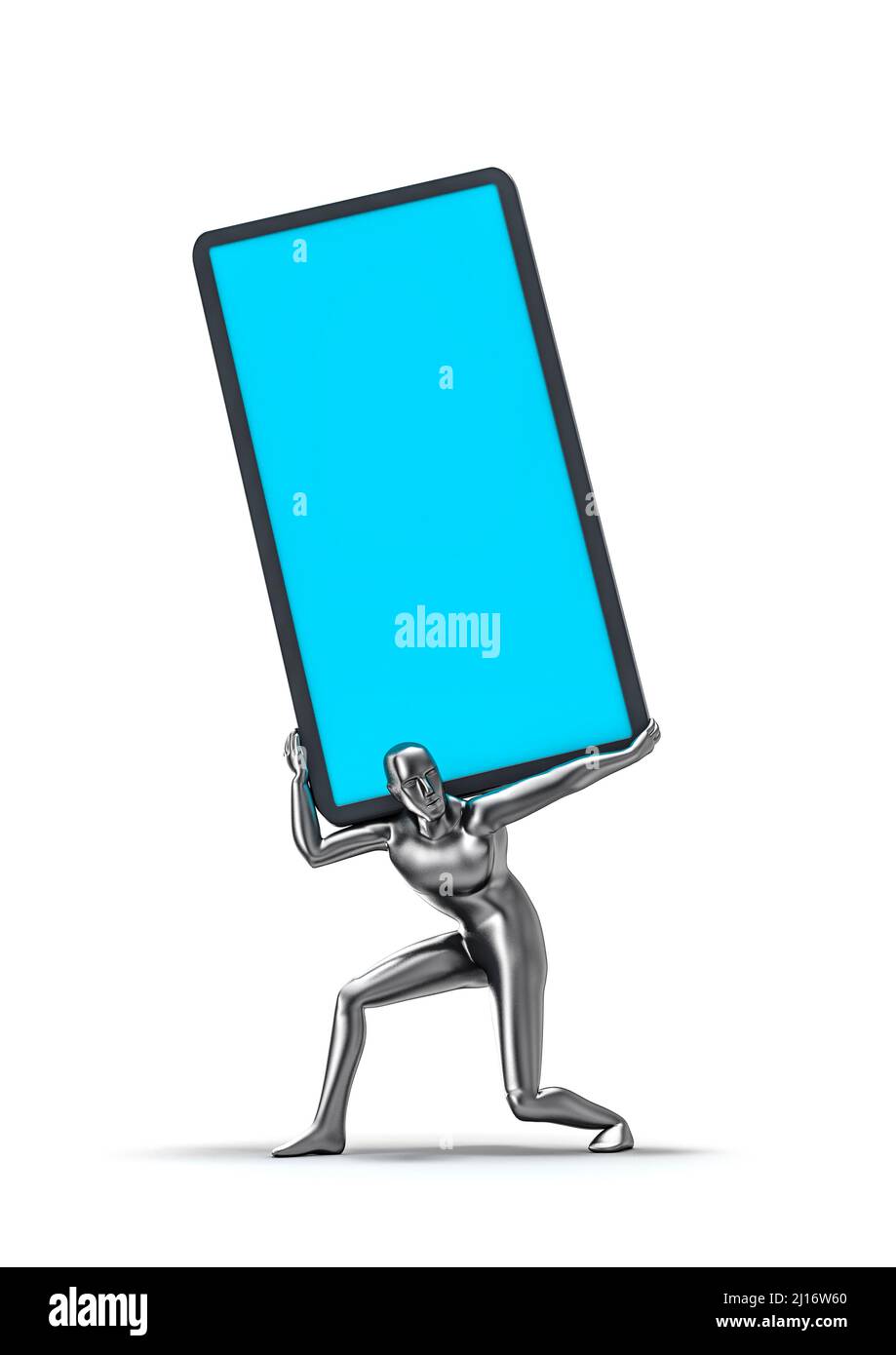 Handylast - 3D Illustration einer metallischen männlichen Figur, die ein riesiges Handy auf weißem Studiohintergrund trägt Stockfoto