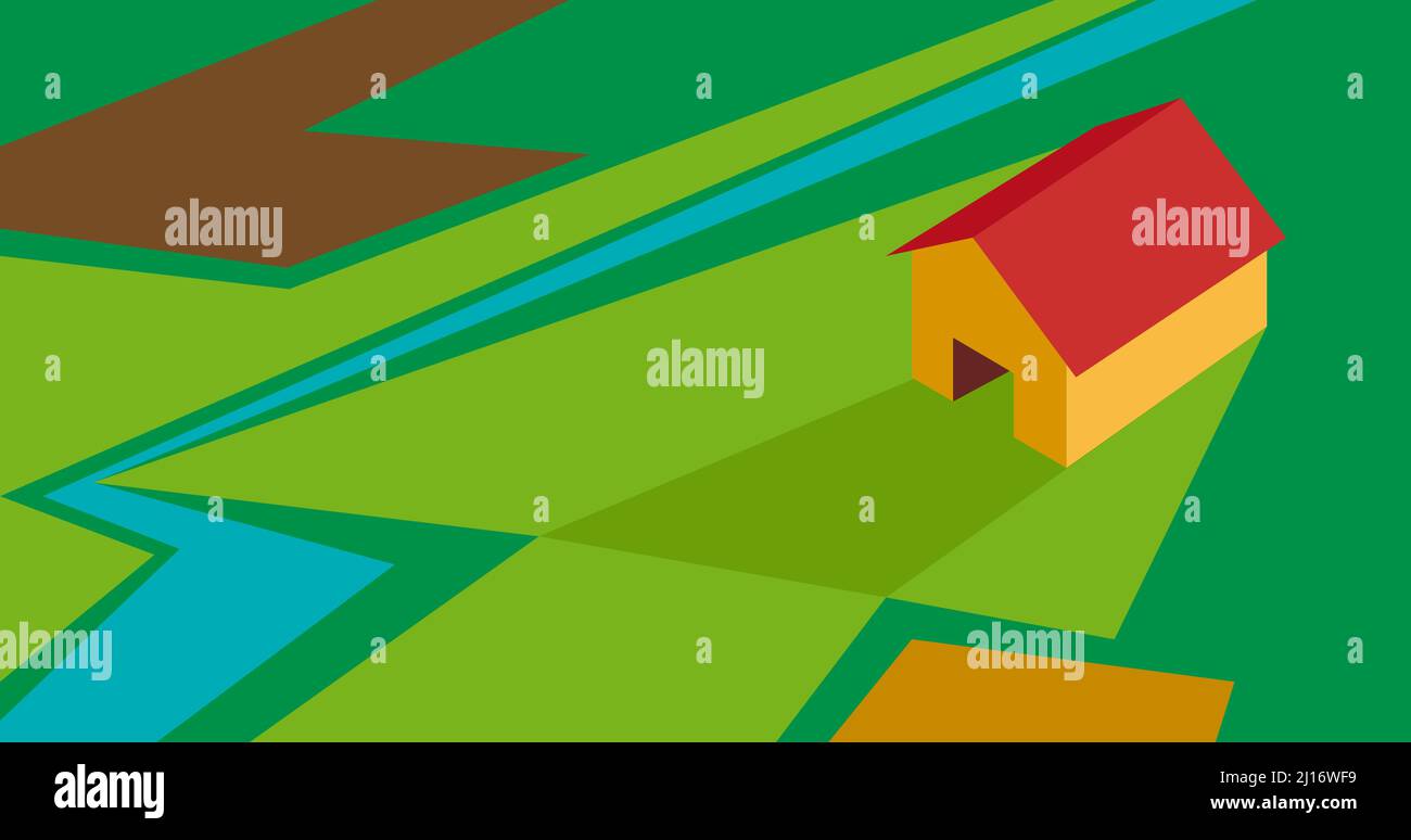 Bauernhof auf kultivierten Feldern in der Nähe eines Flusses, leben in einem Landhaus. Vektorgrafik Stock Vektor