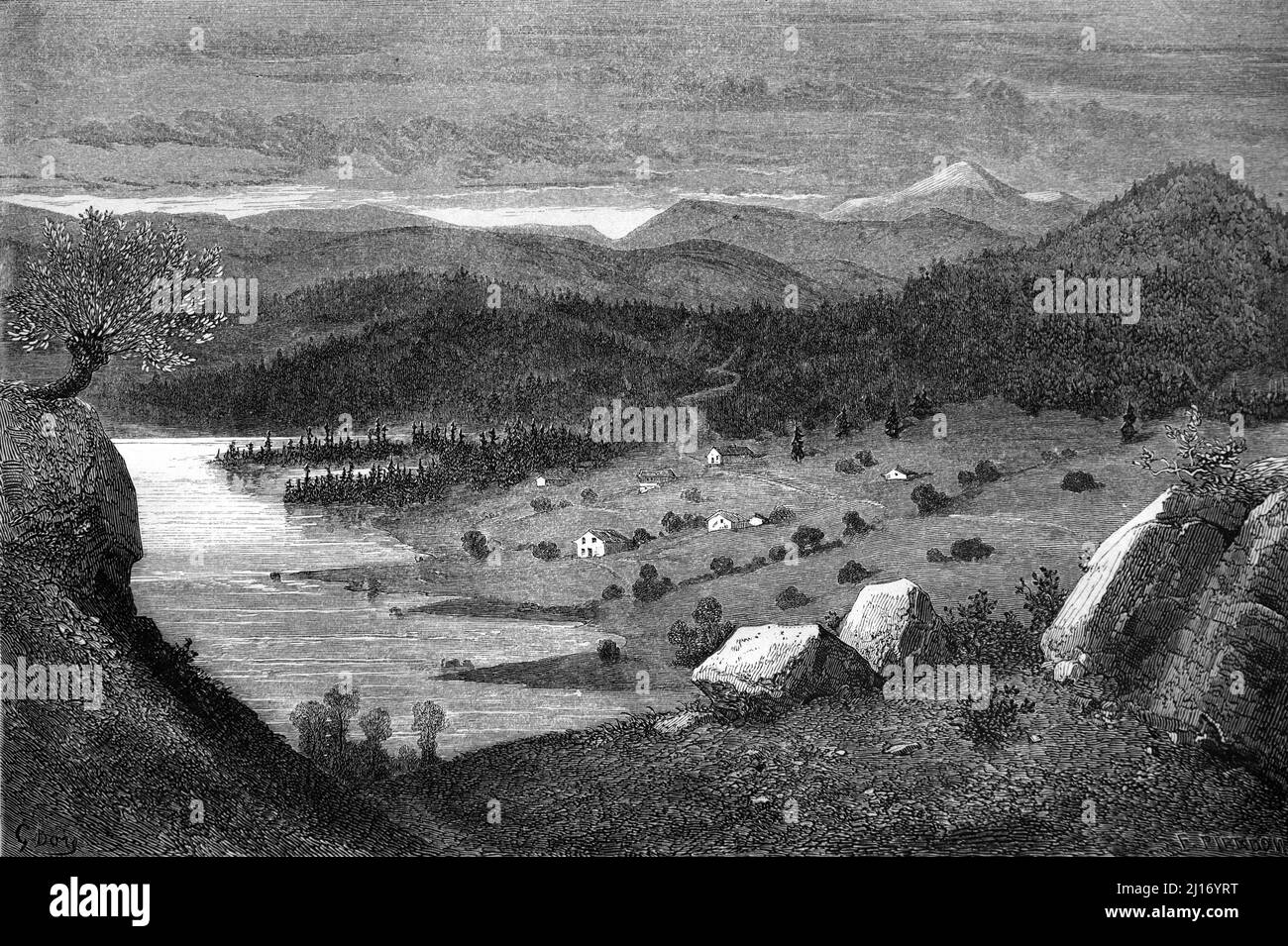 Bolkesjo Lake, Valley & Resort, in Notodden, Vestfold Og Telemark Norwegen. Vintage Illustration oder Gravur 1860. Stockfoto