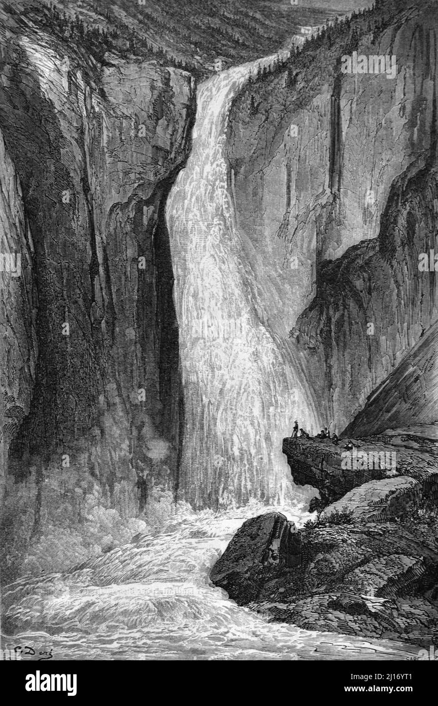 Rjukan Falls oder Wasserfall, auch bekannt als Rjukanfossen, am Fluss Mane im Westfjord Valley in Tinn, Vestfold Og Telemark Norwegen. Vintage Illustration oder Gravur 1860. Stockfoto