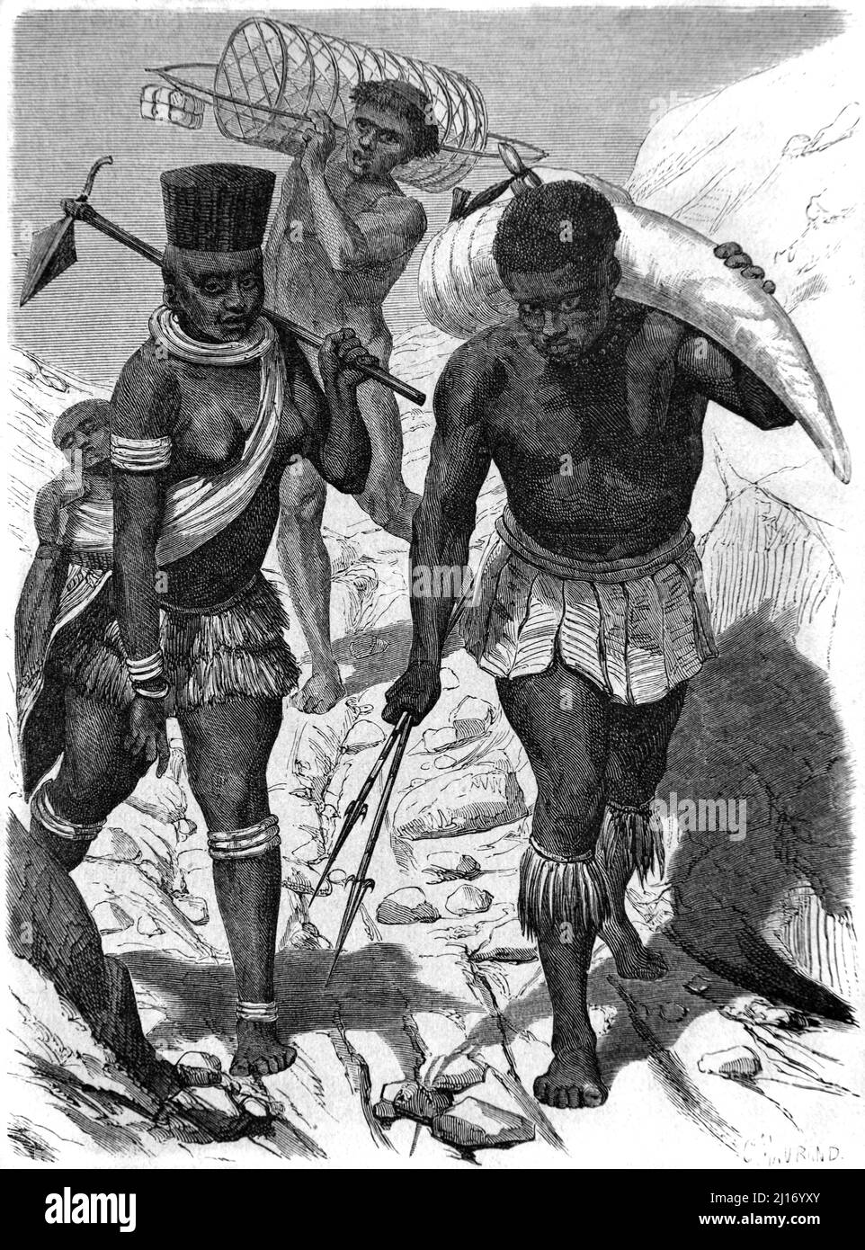Afrikanische Wilderer oder Träger des Elefantenzackers Afrika. Vintage Illustration oder Gravur 1860. Stockfoto
