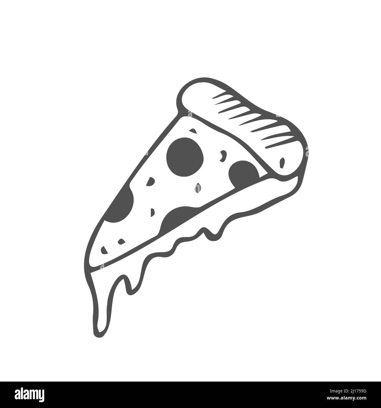 Pizzascheibe mit geschmolzenem Käse und Pepperoni. Handgezeichneter Doodle. Zeichentrickskizze. Dekoration für Grußkarten, Poster Stock Vektor