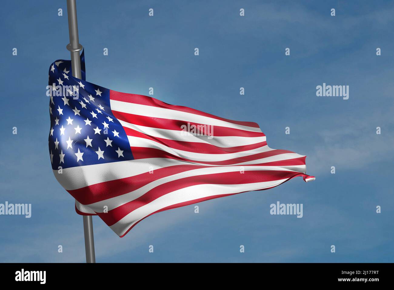 Amerikanische Flagge winkt auf blauem Himmel Hintergrund. 3D Darstellung rendern. Stockfoto