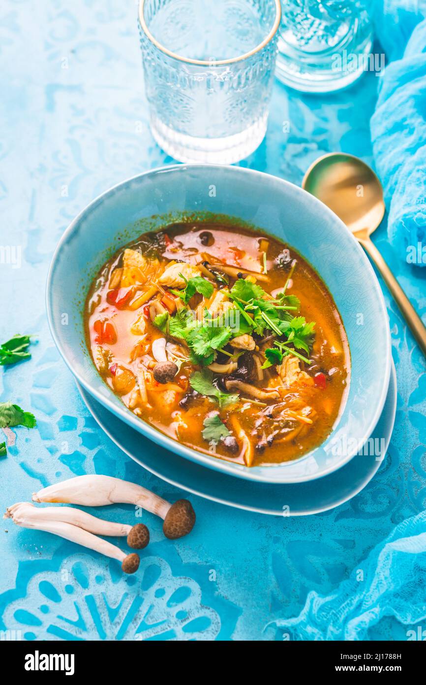 Thailändisches Hühnchen rotes, rotes, rotes, Thailand Tradition rote, mit Hühnchen, Pilzen und Kokosmilch auf blauem Hintergrund Stockfoto