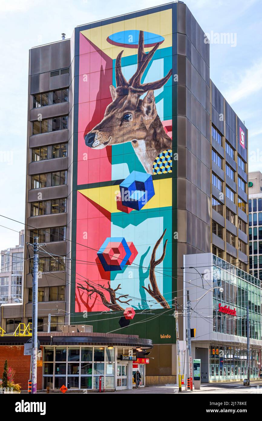 Städtische Kunstmalerei in einer Seitenwand eines Gebäudes bei der U-Bahn-Station St. Clair East. Stockfoto