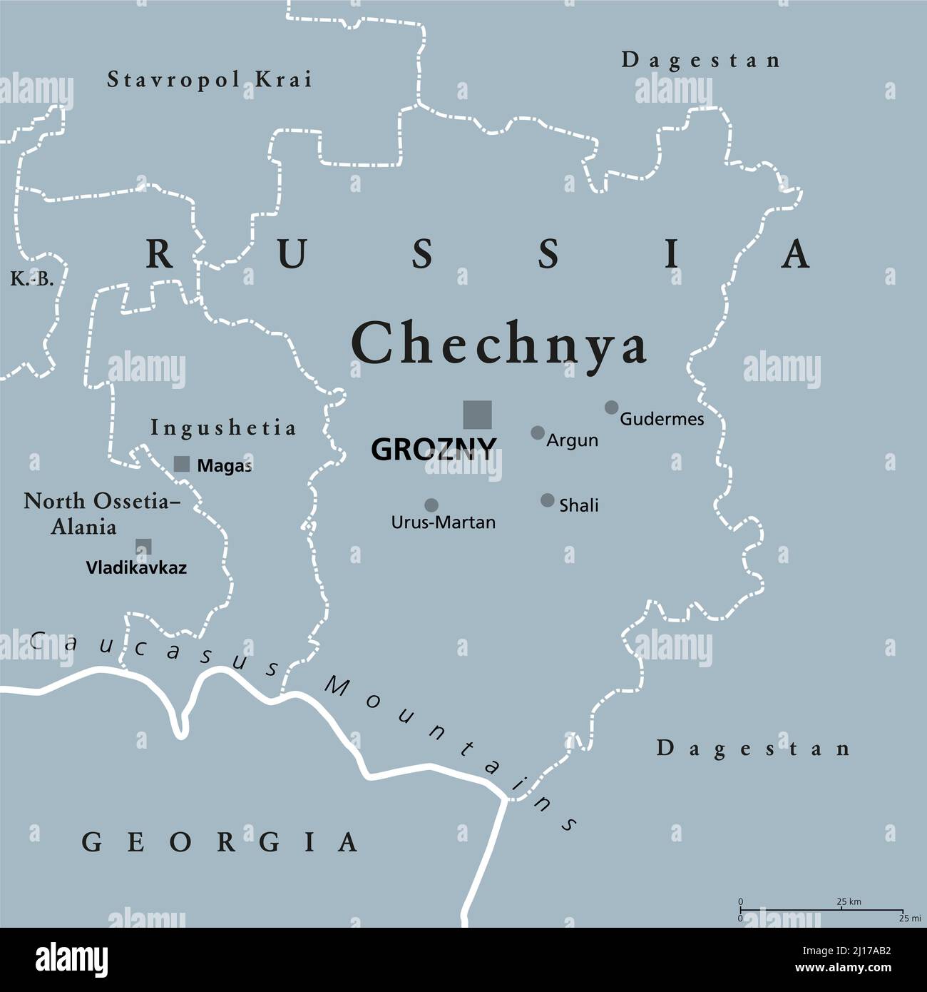Tschetschenien, graue politische Landkarte mit der Hauptstadt Grosny und den Grenzen. Tschetschenische Republik, eine republik Russland und ein Teil des Nordkaukasus-Bundesbezirks. Stockfoto