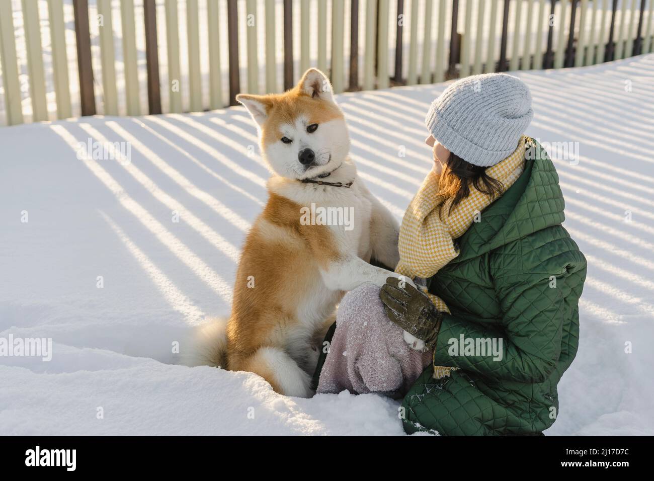 Lächelnde Frau, die mit dem Akita-Hund im verschneiten Garten sitzt Stockfoto