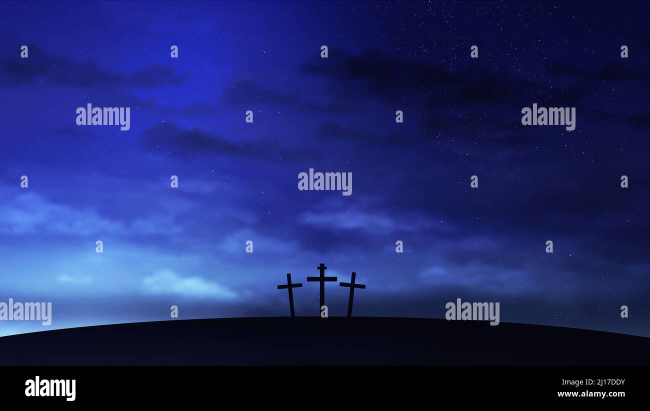 Drei Kreuze auf dem Hügel mit Wolken, die sich am Sternenhimmel bewegen. Ostern, Auferstehung, neues Leben, Erlösung Konzept. Stockfoto