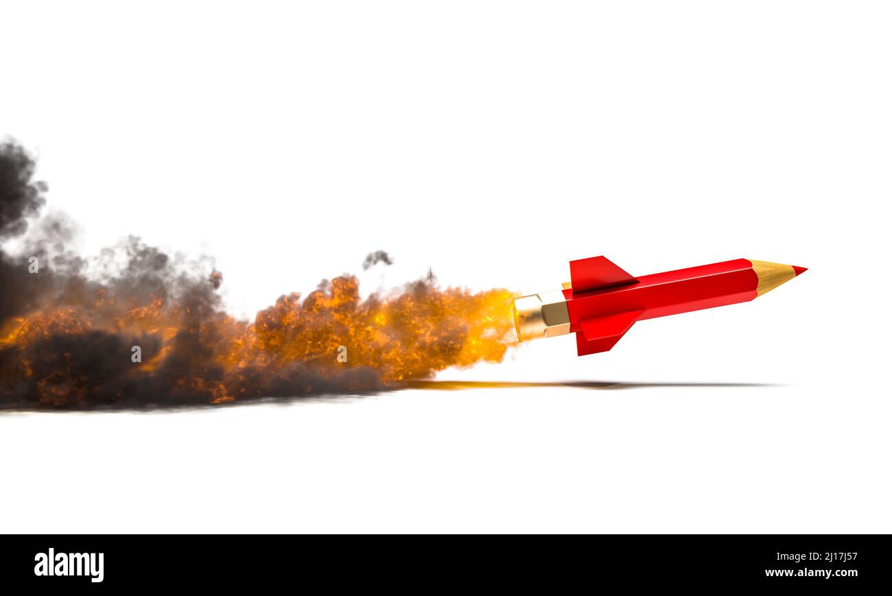 Bleistift in Form einer Rakete, die in die Flucht geht. Kreativitätskonzept. 3D Rendern Stockfoto