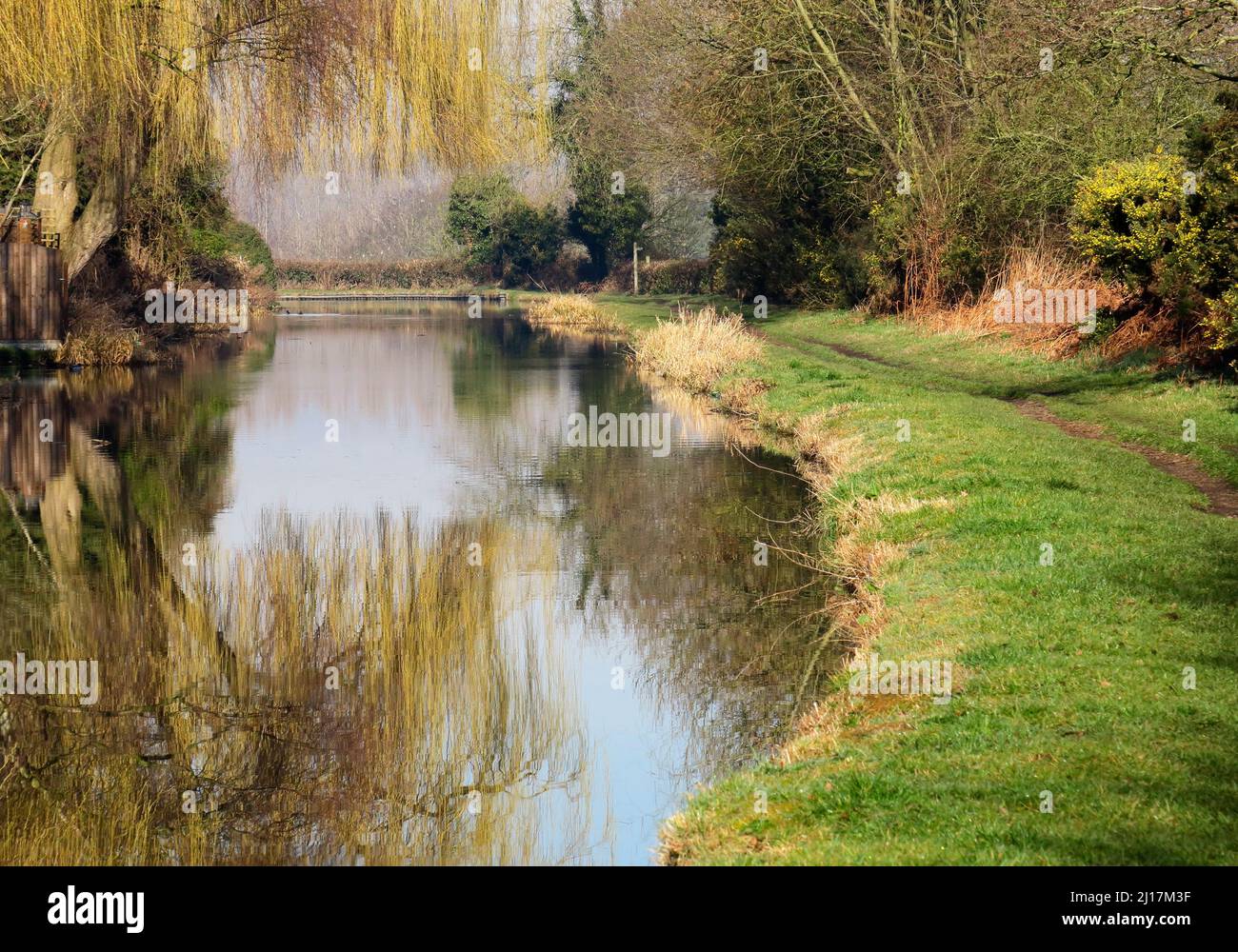 PhotographTrent und Mersey Canal eine britische Wasserwege Canal in der Nähe von Shugborough in Staffordshire mit leinpfad und leichte Formen der Natur gespiegelt o Stockfoto