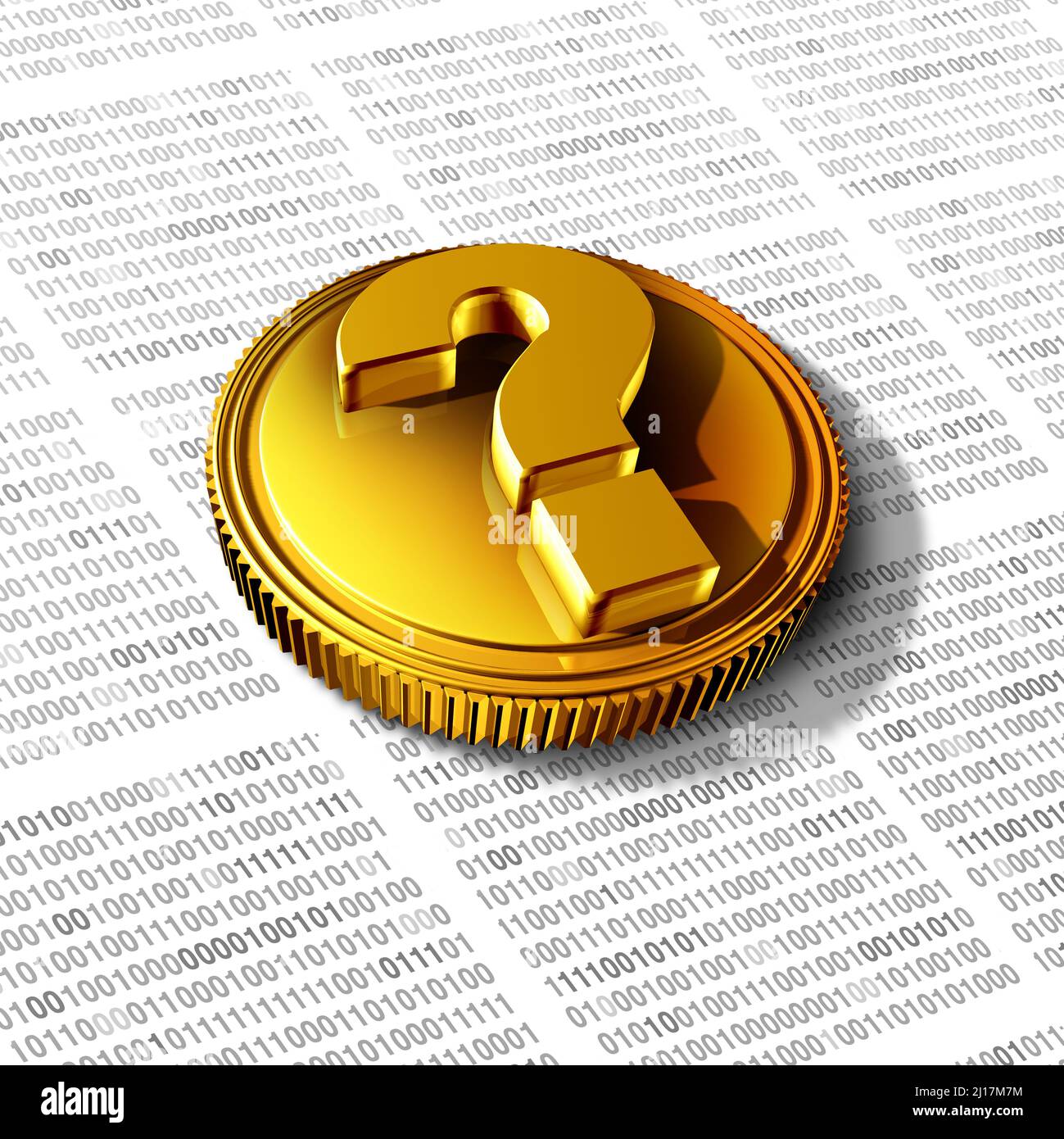 Fragen zu Kryptowährung und Krypto-Währungen und Investitionsunsicherheit als virtuelle Blockchain-Geldanlage riskieren mit einer Goldmünze. Stockfoto