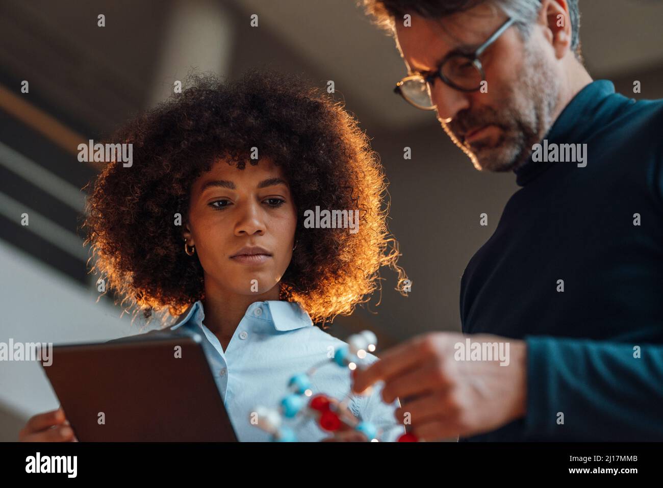 Geschäftskollegen mit einem Tablet-PC diskutieren im Büro über ein Modellobjekt Stockfoto