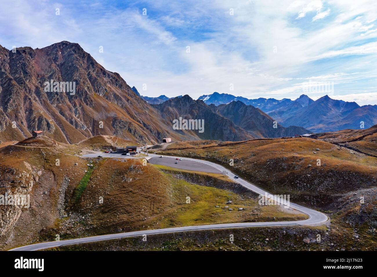 Drohnenansicht des Timmelsjoch-Passes in den Otztaler Alpen Stockfoto