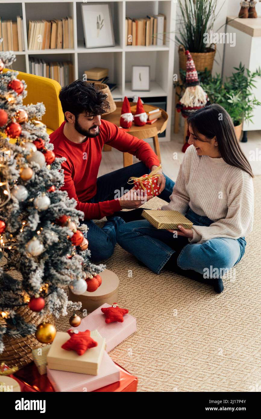 Lächelndes Paar mit Geschenkbox am Weihnachtsbaum zu Hause Stockfoto