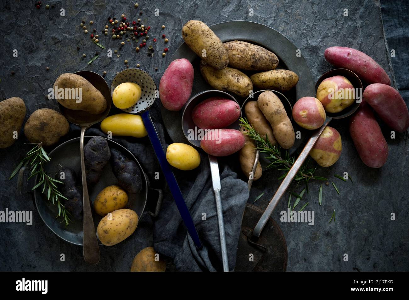 Studioaufnahme von verschiedenen Schöpfkellen und verschiedenen Sorten von Rohkartoffeln Stockfoto