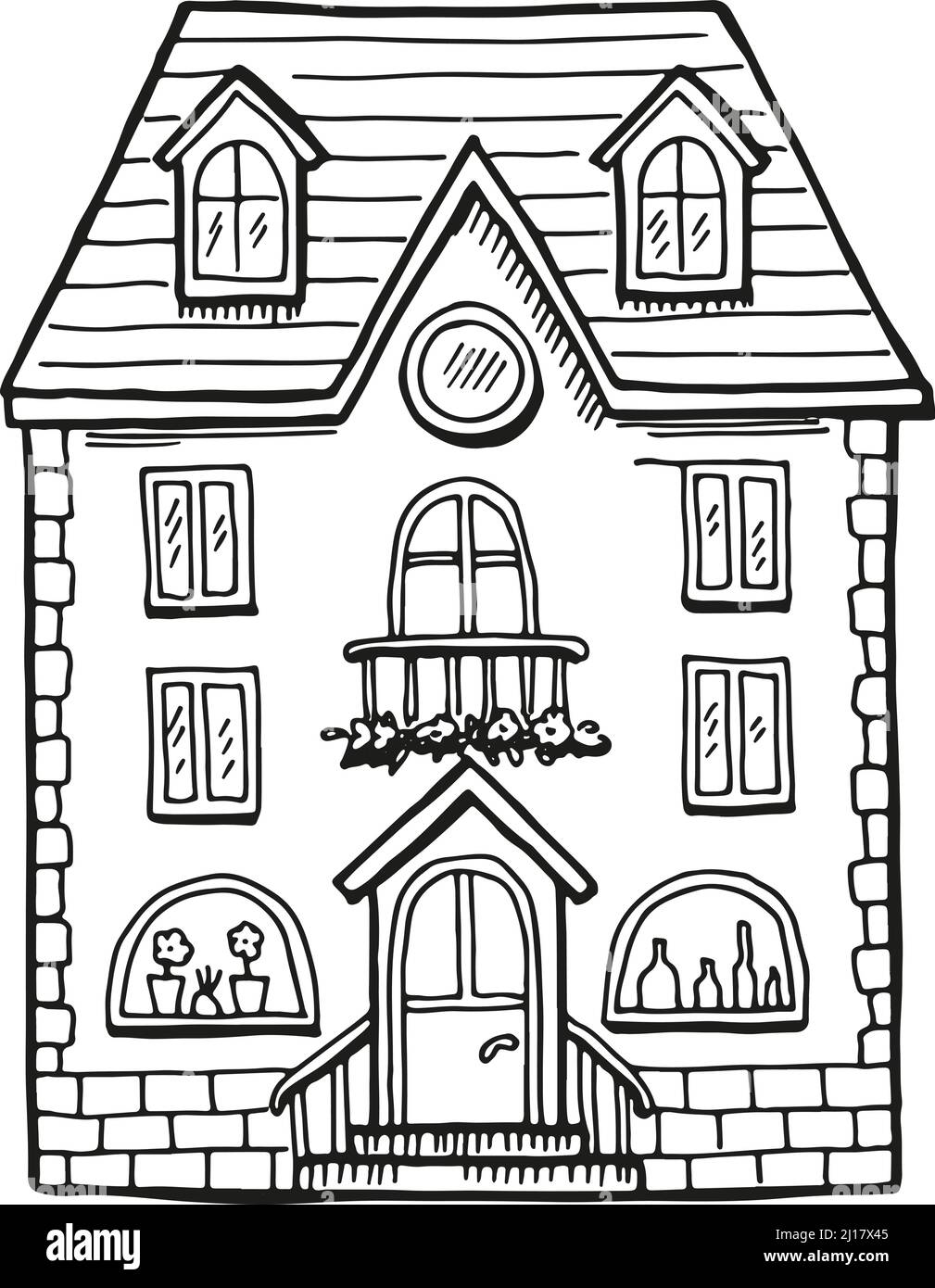 Niedliche Hütte außen. Haus Fassade Doodle Skizze Stock Vektor