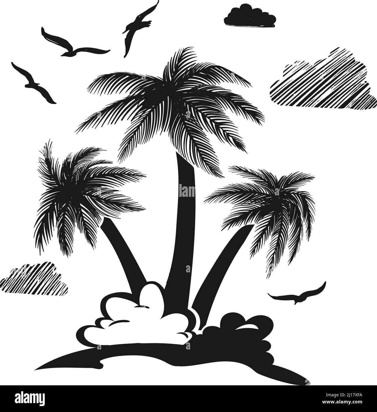 Palmen auf der tropischen Insel. Logo für den exotischen Sommerstrand Stock Vektor