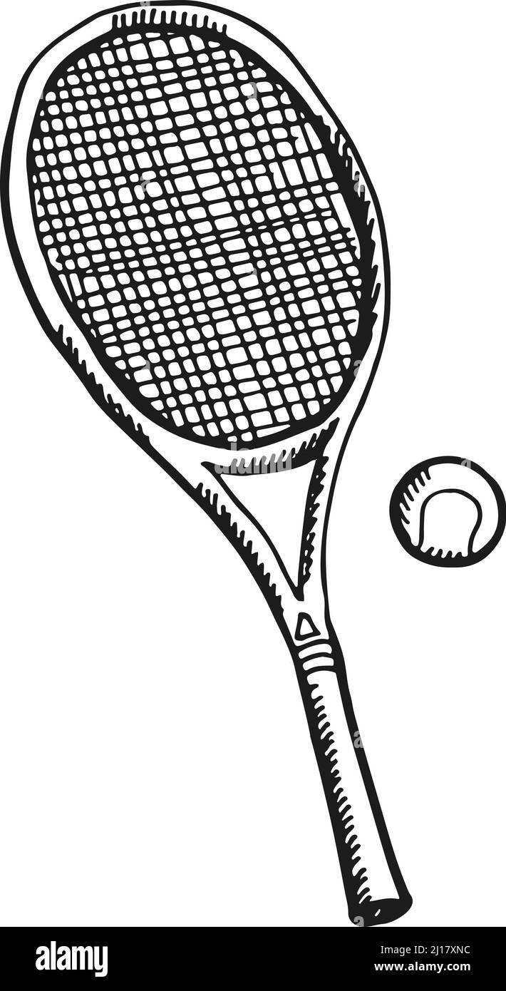 Tennisschläger und Ball. Sportausrüstung im handgezeichneten Stil Stock Vektor
