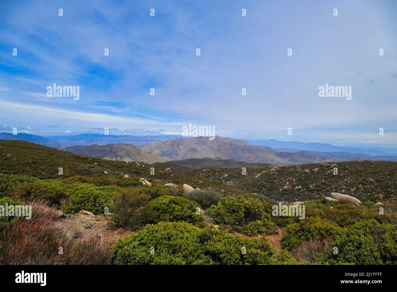 Blick auf die Santa Rosa Mountains vom Sunrise Highway in den Laguna Mountains östlich von San Diego, Kalifornien, USA. Spärliche alpine Vegetation Stockfoto