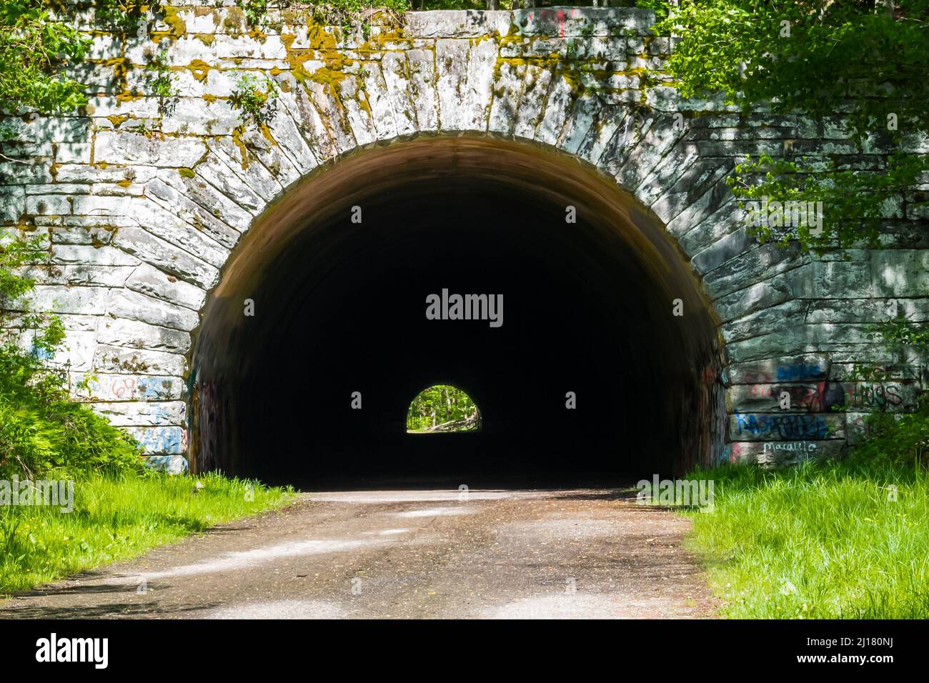 Eine Straße führt zum Tunnel in den Great Smoky Mountains Stockfoto