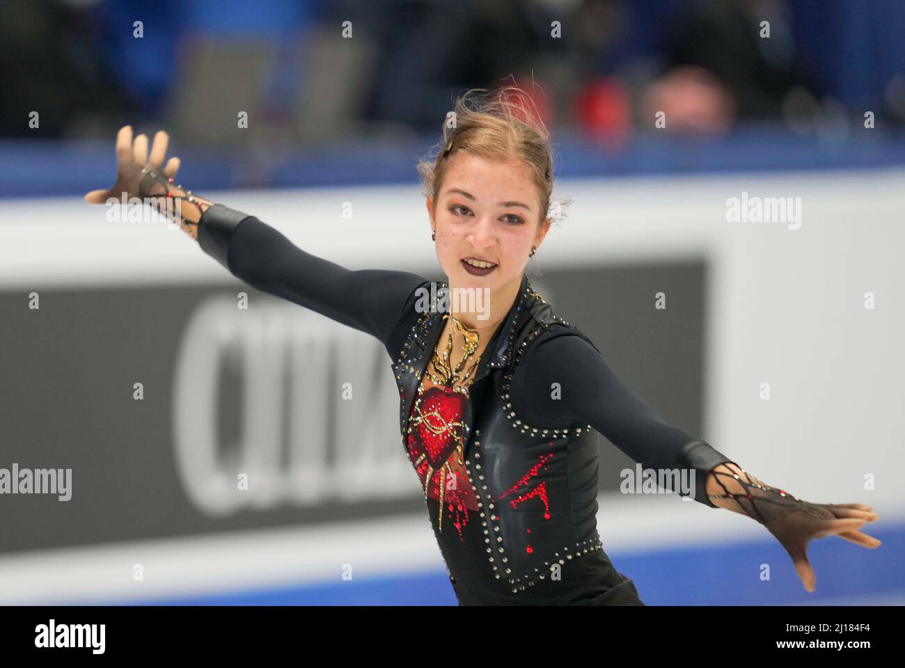 23. März 2022: Olga Mikutina aus Österreich während des Women's Short Programms, der World Figure Skating Championship in der Sud de France Arena, Montpellier, Frankreich. (Bild: Stockfoto