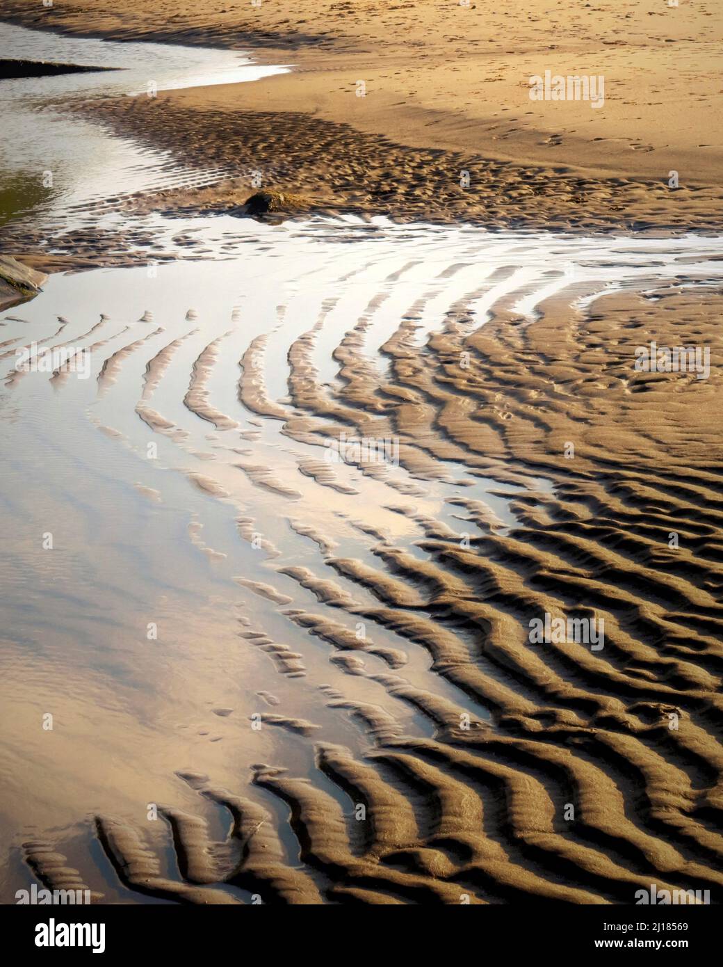 Farbfoto mit Gezeitensandmustern und Reflexionen mit unterschiedlichen Texturen und Farben auf dem feuchteren Sand der Penb, die dem National Trust gehört Stockfoto