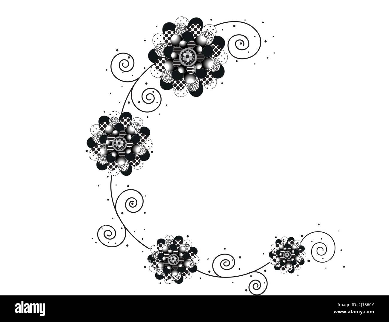 Einzigartige Schwarz-Weiß-Muster im Motiv und ein weiteres Spiraldesign isoliert auf weißem Hintergrund Stockfoto