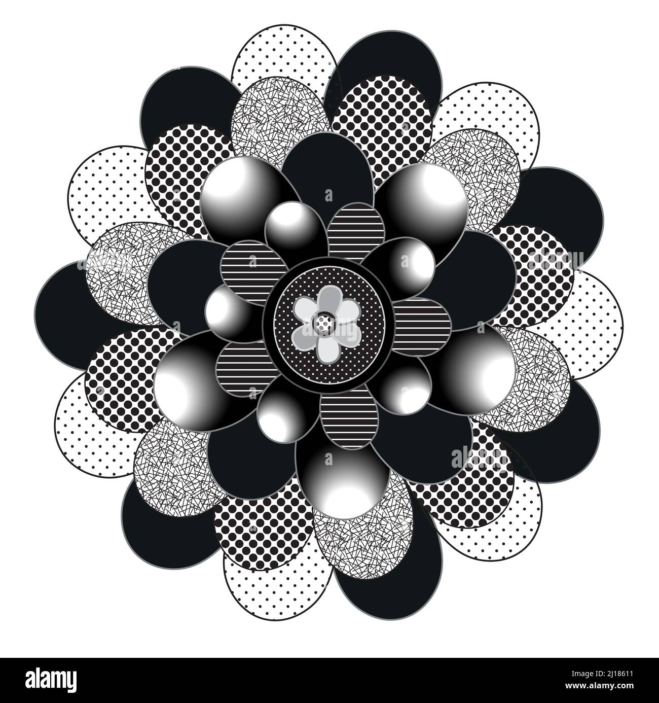 Einzigartige Schwarz-Weiß-Muster im Motiv und ein weiteres Spiraldesign isoliert auf weißem Hintergrund Stockfoto