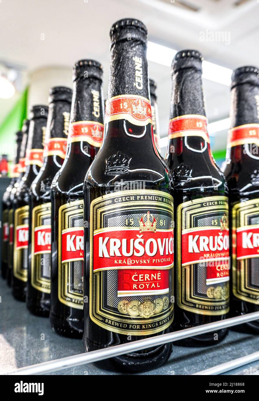 Samara, Russland - 12. März 2022: Krusovice abgefülltes Bier wird in einem Laden verkauft. Verschiedene alkoholische Getränke in Glasflaschen und Spirituosen Stockfoto
