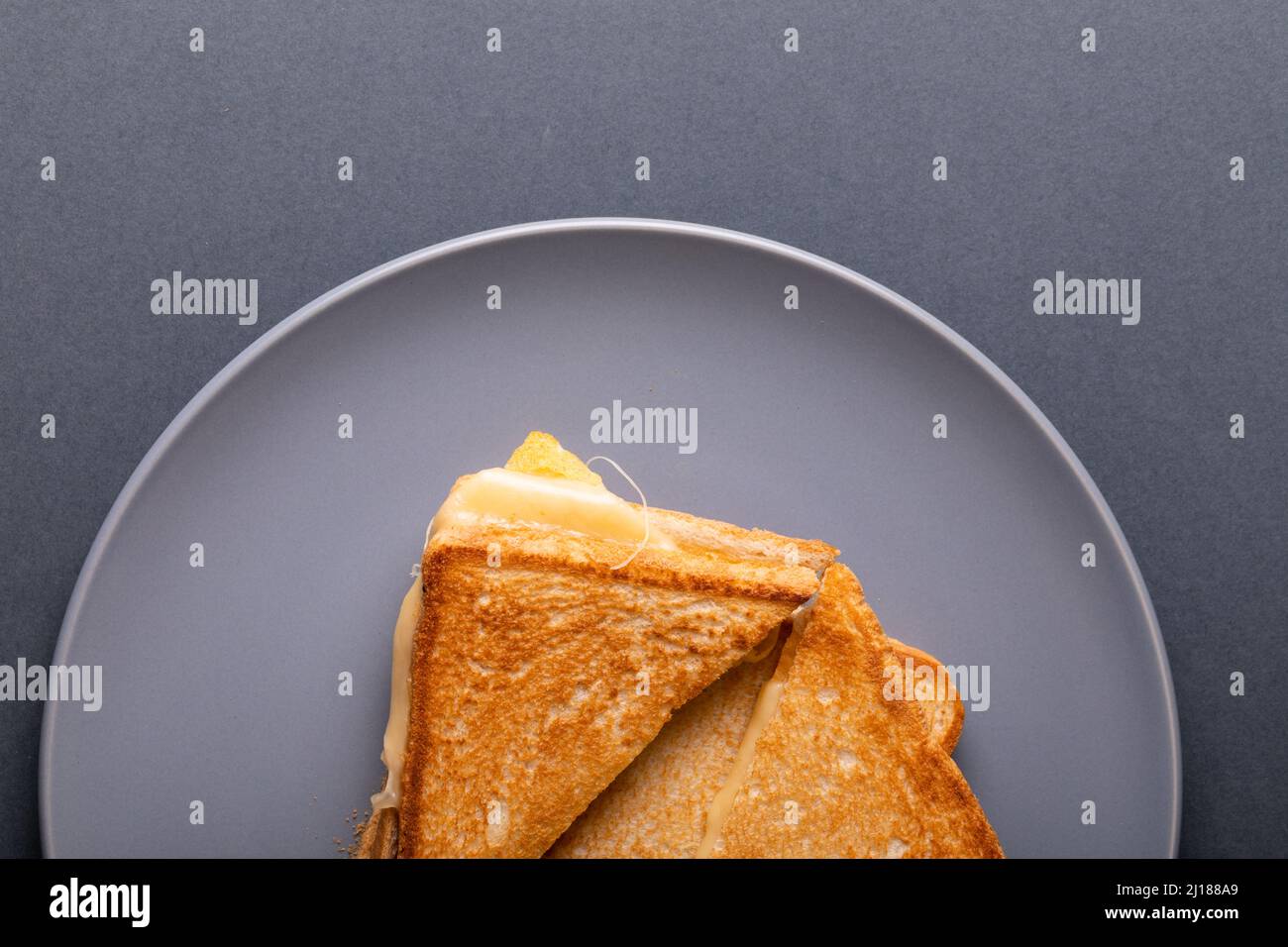 Blick von oben auf das frische Käse-Toast-Sandwich, das auf einem blauen Hintergrund serviert wird Stockfoto