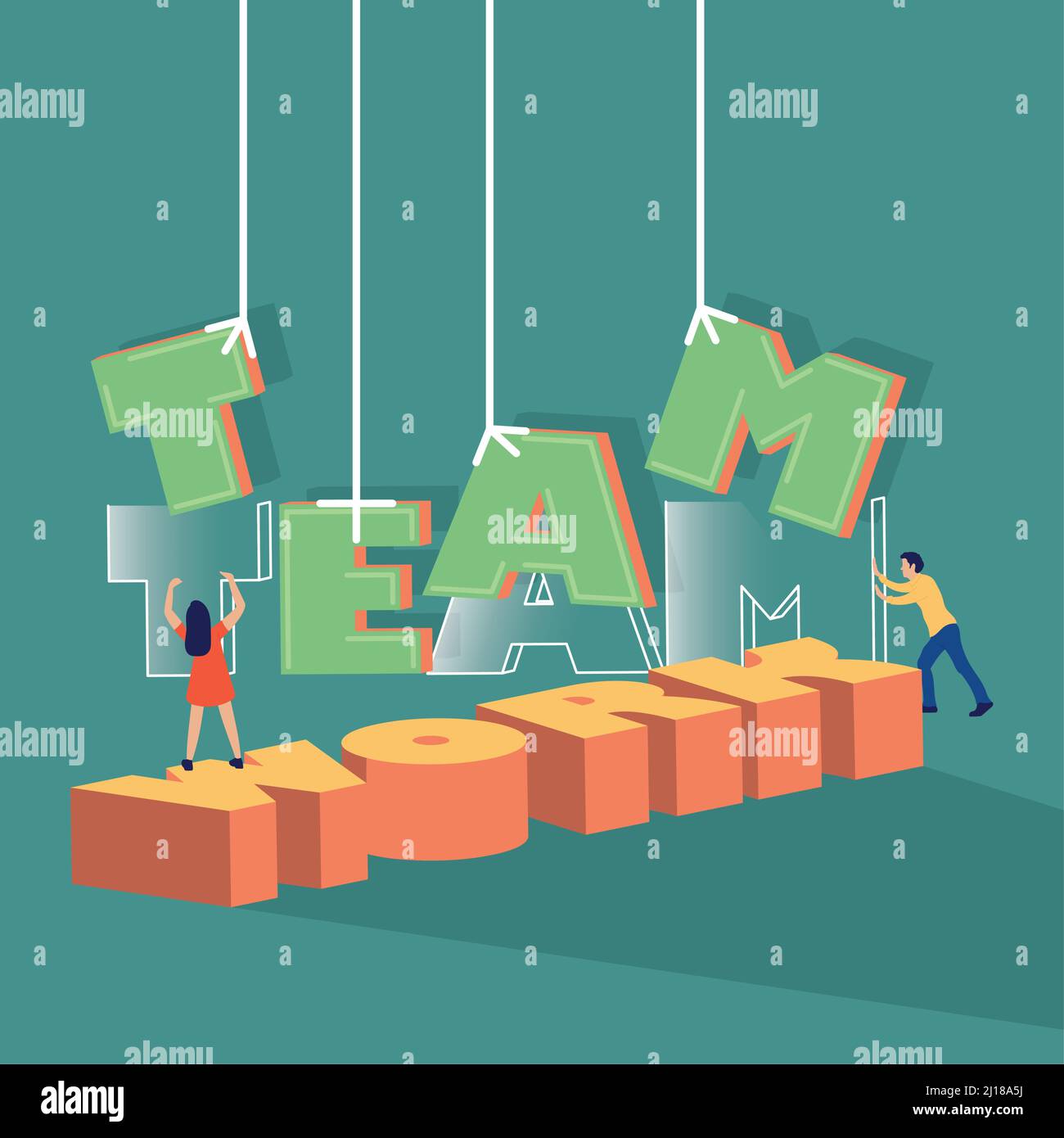 Zwei Personen, die mit Buchstaben arbeiten Teamwork Concept Vector Stock Vektor