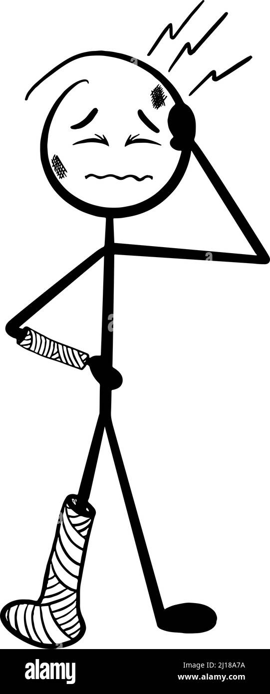 Verletzte Stabfigur mit gebrochenen Knochen und Kopfschmerzen in schwarz auf weißem Hintergrund Stock Vektor