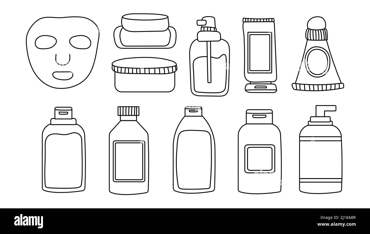 Ein Set aus Flaschen und Röhrchen mit Kosmetika, Gläser für die Hautpflege mit Gesichts-, Haar- und Körpercreme. Modischer Stil für Postkarte, Banner, Geschenkpapier Stock Vektor