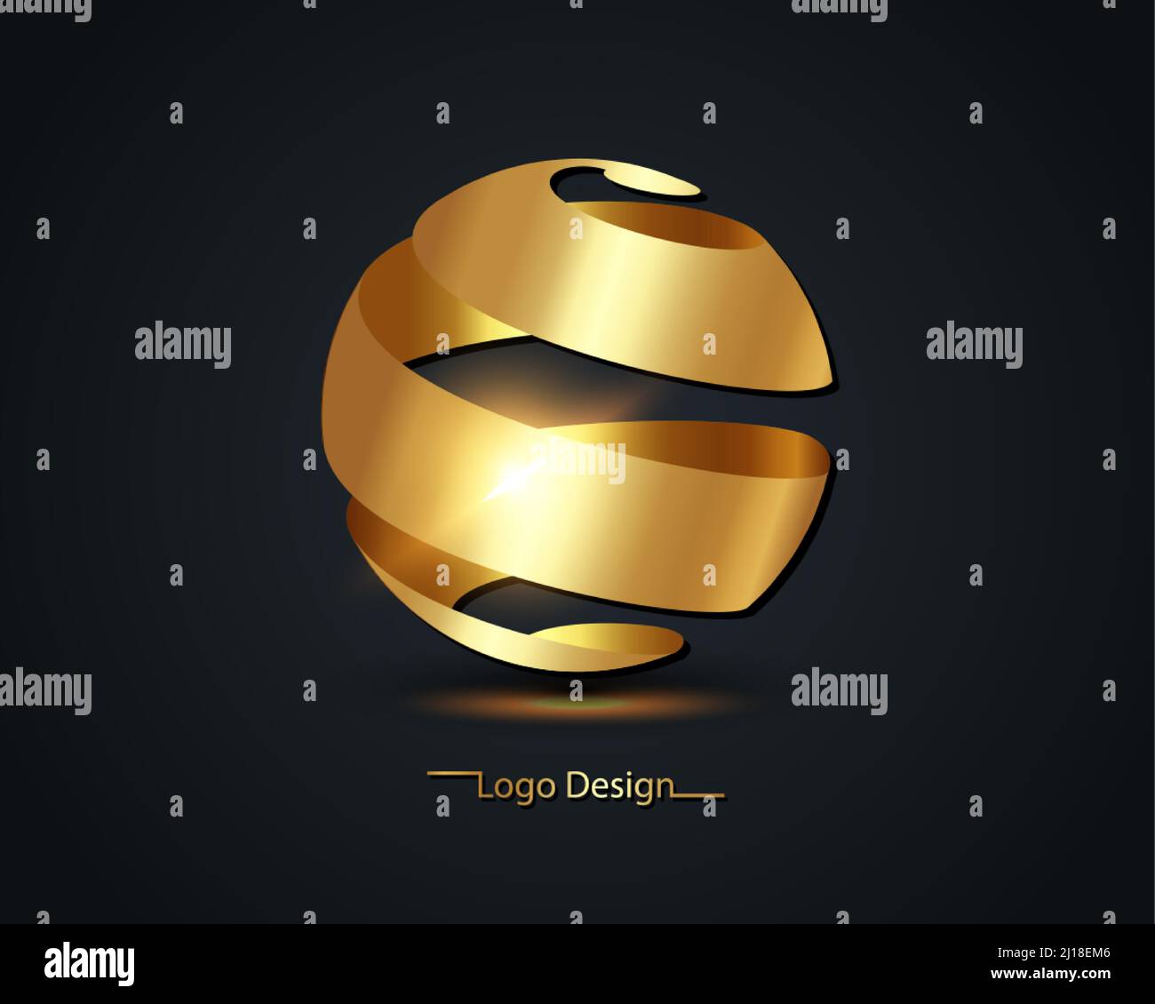 Abstrakte goldene Bänder 3D Lichtkugeleffekt, Gold Luxus-Logo-Design, Vektor-Illustration isoliert auf schwarzem Hintergrund Stock Vektor