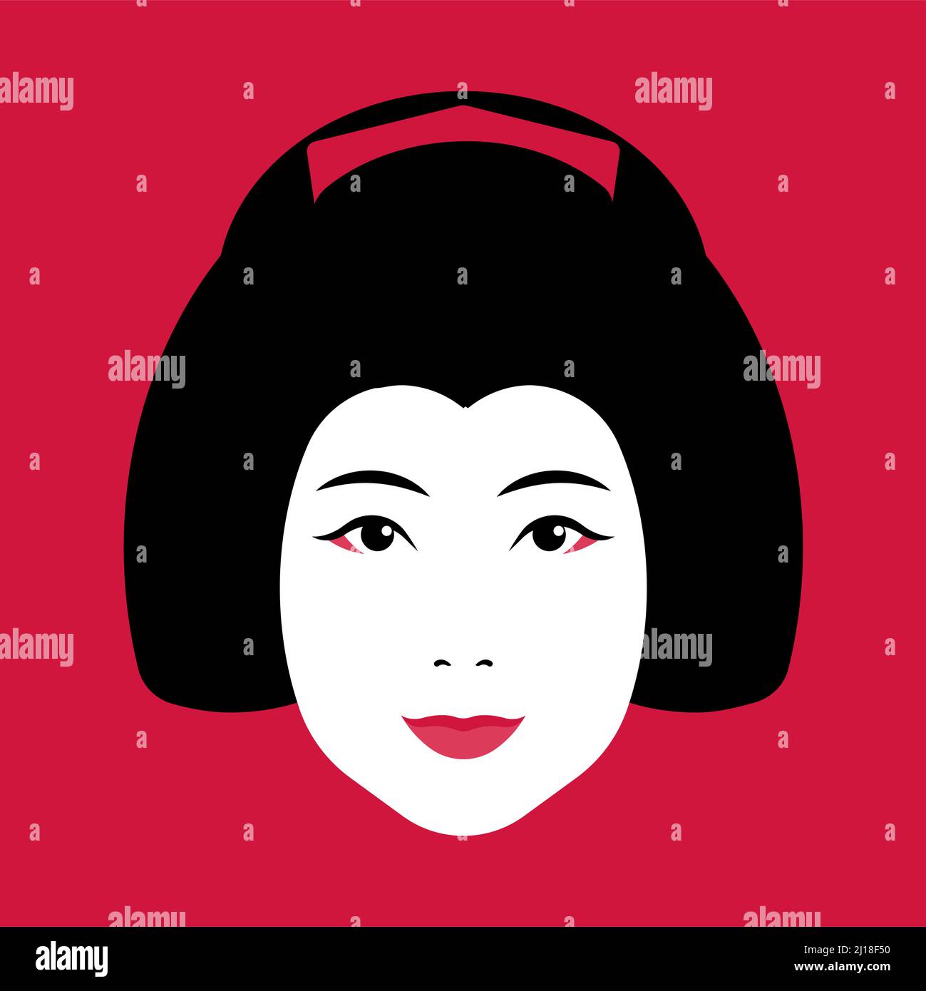 Geisha Face - japanische Geisha mit Make-up, Frisur, Haarnadeln. Nahaufnahme des weiblichen Gesichts auf rotem Hintergrund. Konzept der japanischen Kultur, traditionelle garm Stock Vektor