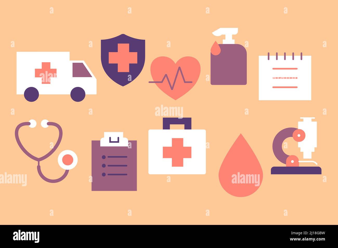 Farbe Cartoon Spaß medizinische Symbole. Verschiedene Symbole für das Gesundheitswesen. Stockfoto