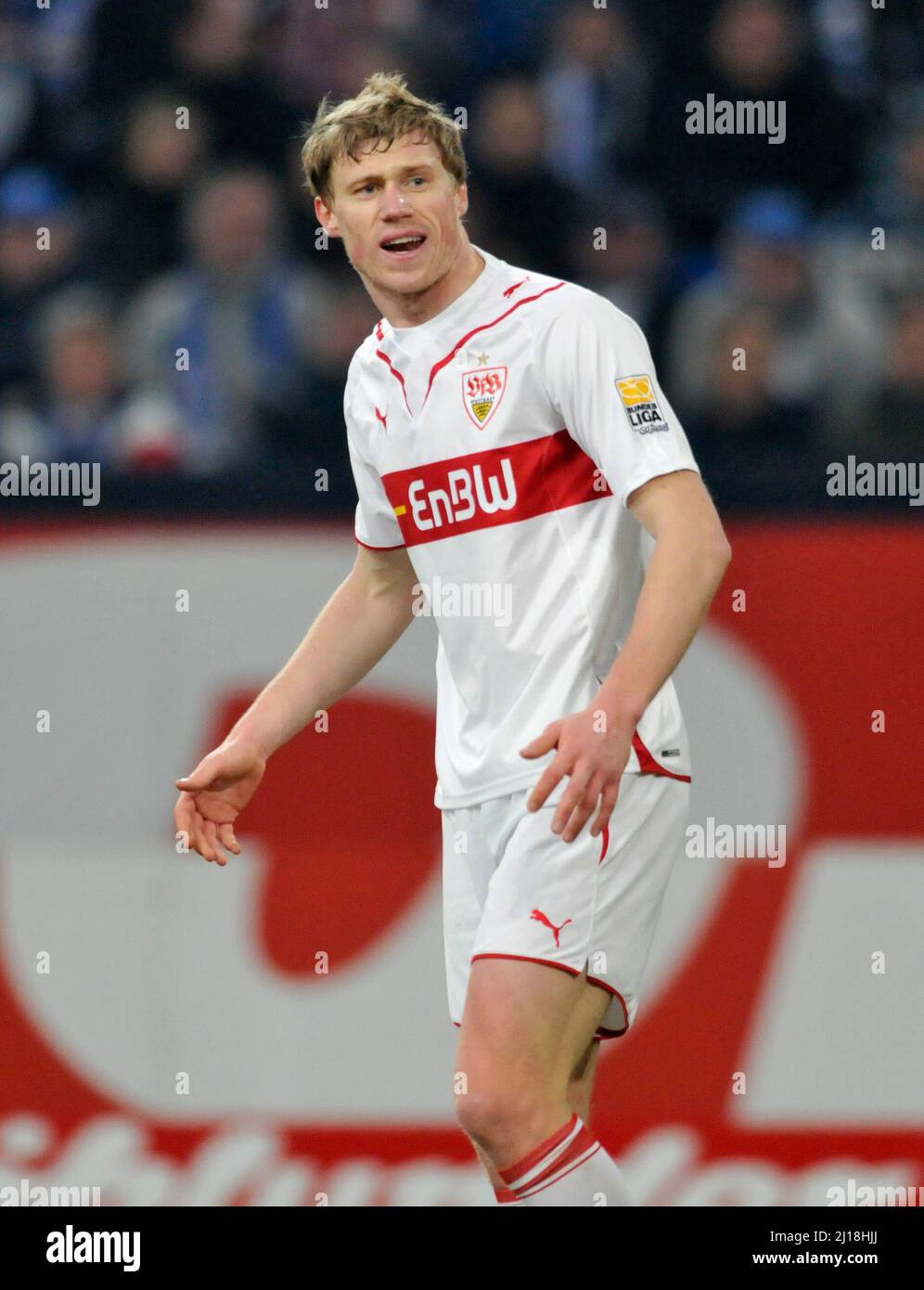 Veltins Arena Gelsenkirchen, Deutschland 12.3.2010 , Fußball: Bundesliga-Spieltag 2009/10 26, Schalke 04 (S04, blau) gegen VfB Stuttgart (VFB, weiß) 2:1 – Pavel POGREBNYAK (VFB) Stockfoto