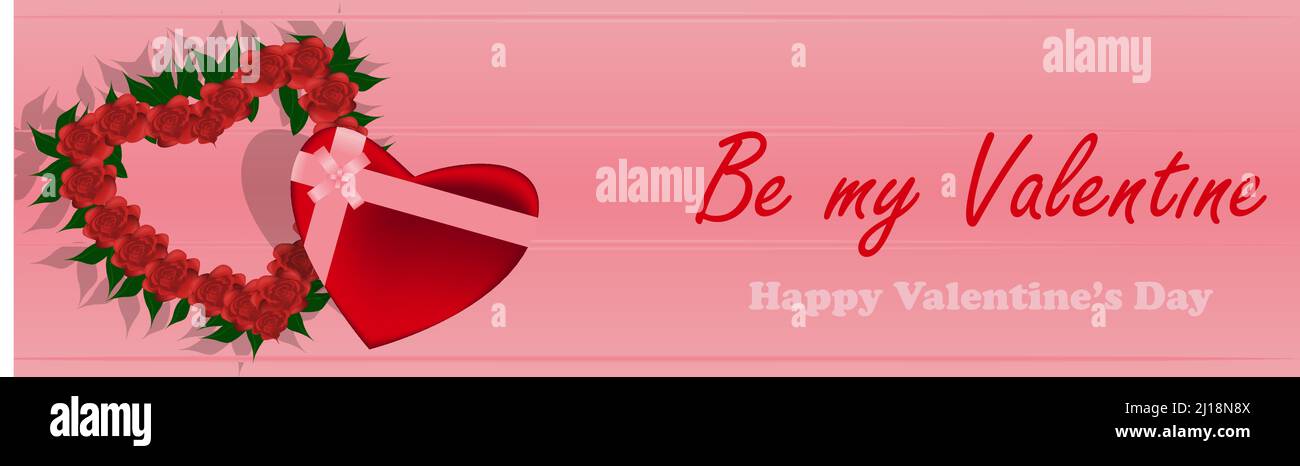 Vektorgrafik „Be my valentine“ für Poster, Grußkarten, Broschüren, Website-Design und Banner. Das Design zeigt einen Rosenkranz und gi Stock Vektor