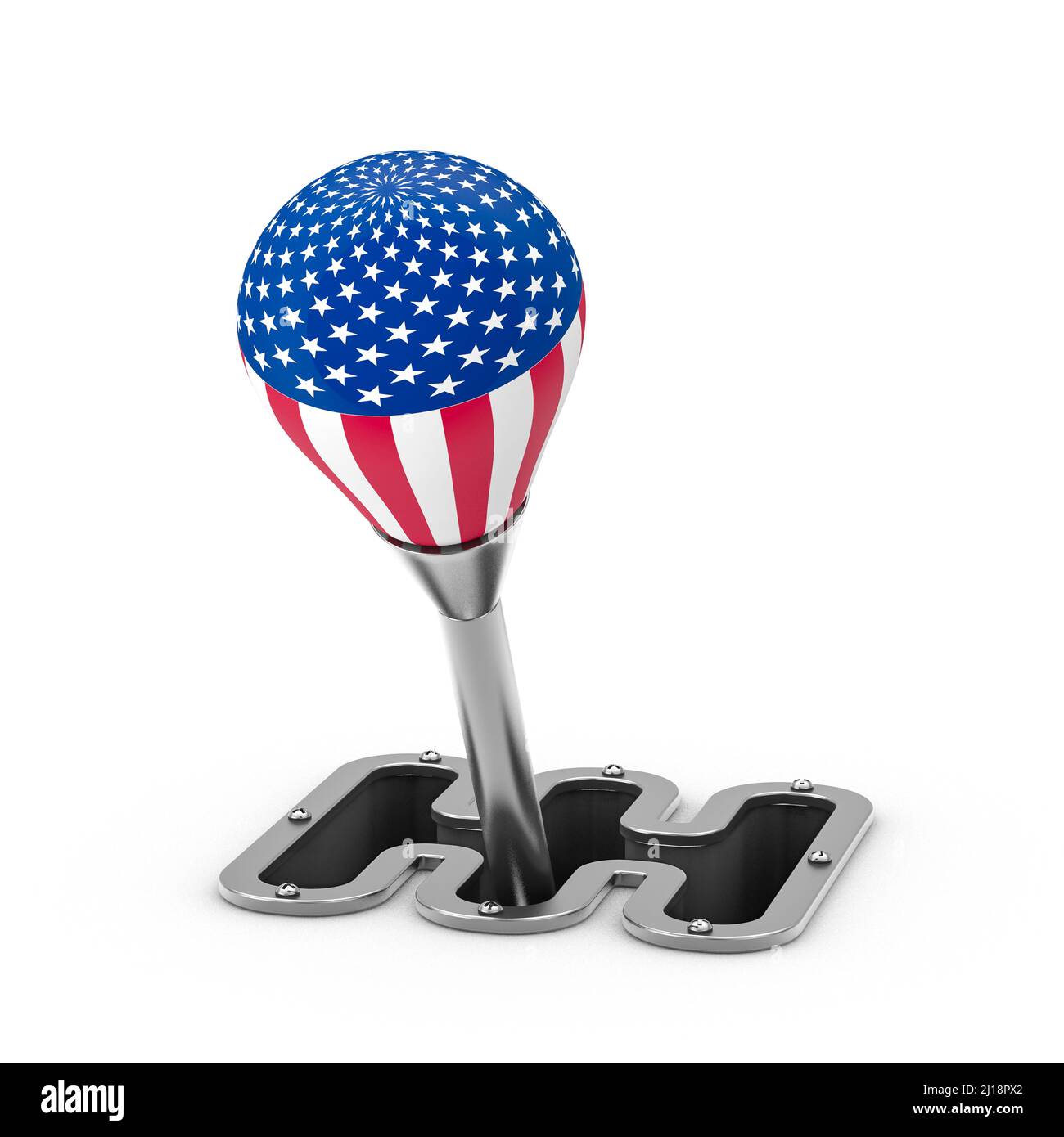 Amerikanischer Transport - 3D Abbildung des Schaltknaufs mit isolierter US-Flagge auf weißem Hintergrund Stockfoto