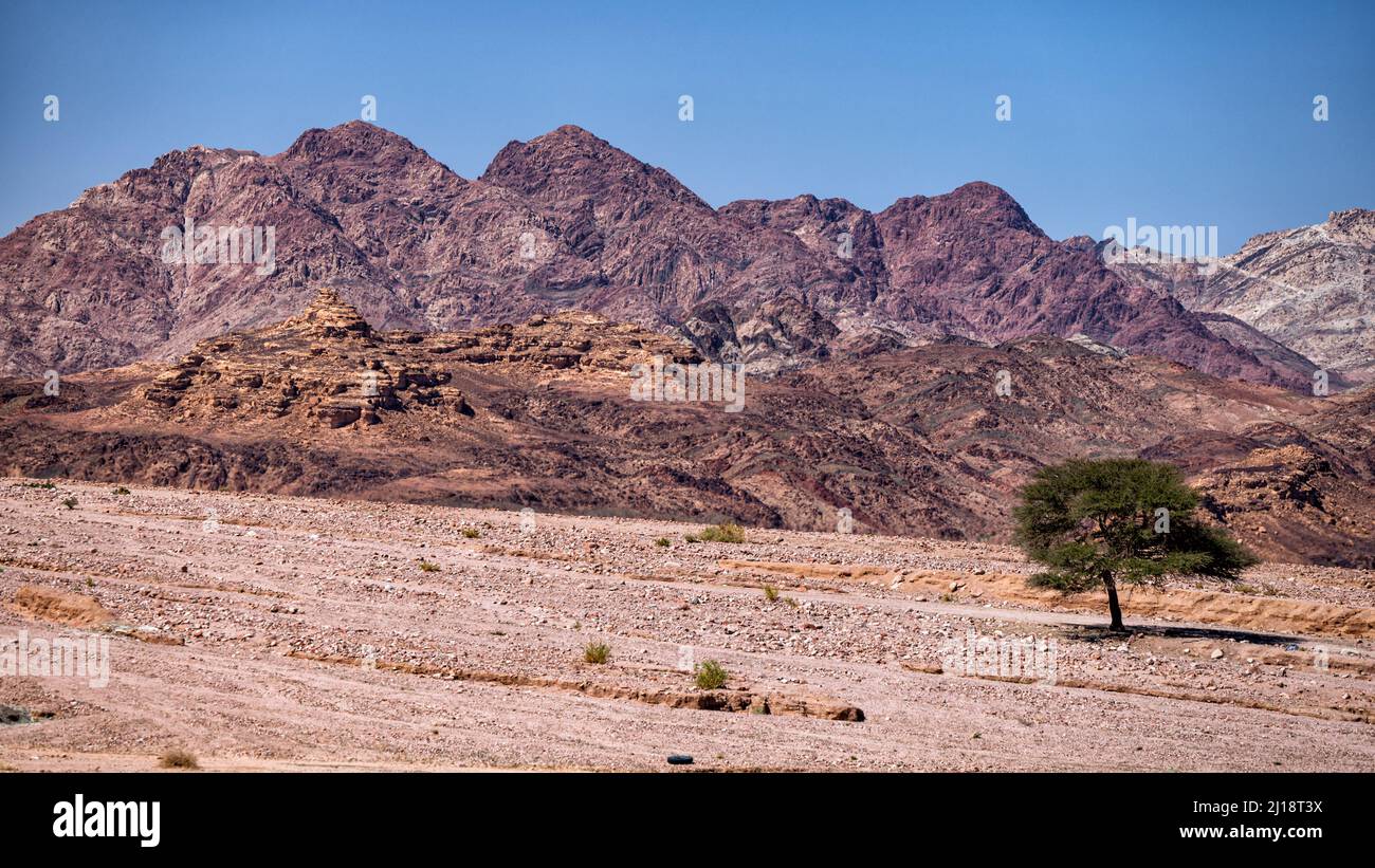Berge zwischen der Stadt Aqaba und dem Wadi Rum Schutzgebiet nahe der jordanisch-saudischen Grenze. Tutun, Jordanien. Stockfoto