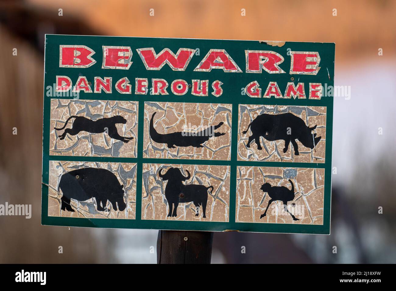 Warnschild für gefährliches Spiel, South African National Park Stockfoto