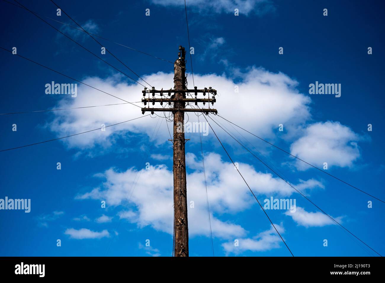 Der Telegraph steht an einem blauen Himmel mit weißen Wolken, Telefonleitungen gehen in alle Richtungen ab. Stockfoto