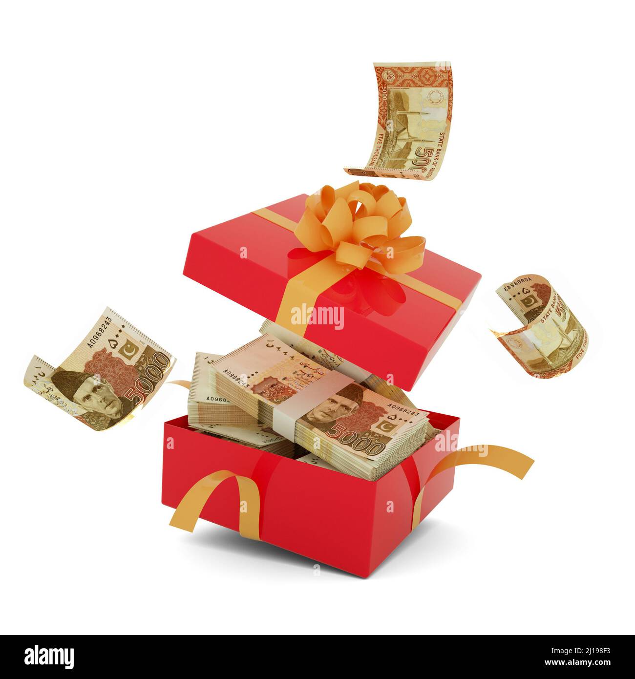 Pakistanische Rupie-Notizen in einer offenen roten Geschenkbox. Pakistanische Rupien im Inneren und fliegen um eine Geschenkbox. 3D Geldrendering in Box isoliert auf Stockfoto